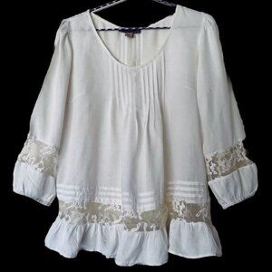Nine West Vintage America Collection sz M Elegant White Blouse Lace Long sleeve